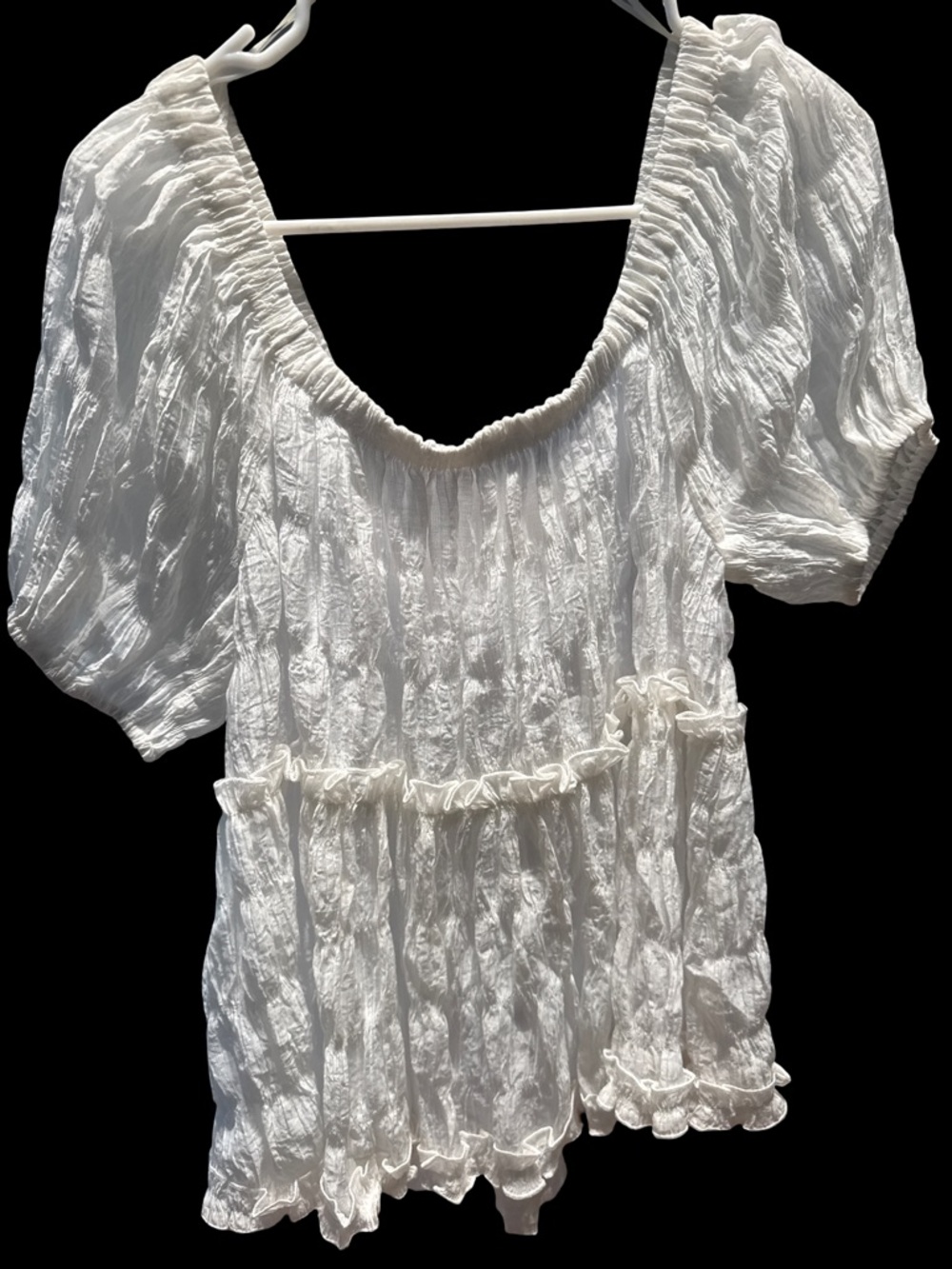 Umgee White Crinkled Puff-Sleeve Peasant Blouse